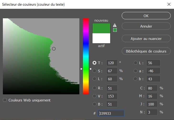exemples des couleurs non imprimables sur photoshop, affichées avec le raccourci Maj+Ctrl+Y