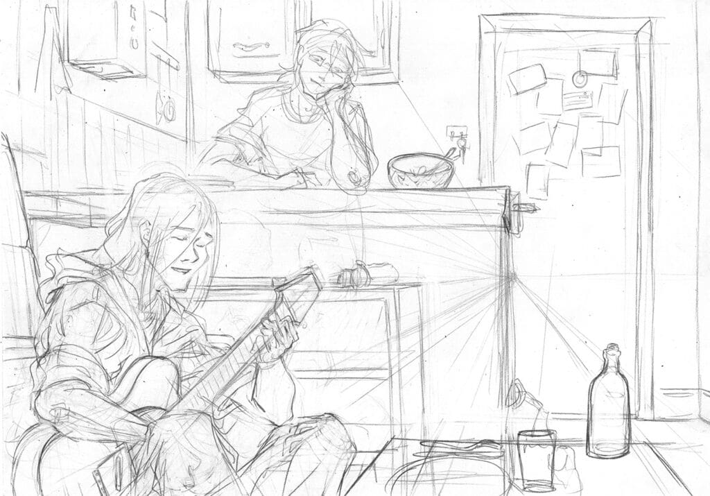 crayonné du dessin de diorama pour la campagne Ulule de Stray cat