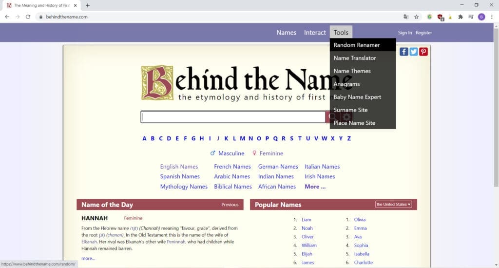 Behind the Name, un site qui met l'accent sur l'étymologie des prénoms et leurs variations dans le monde et au cours du temps.