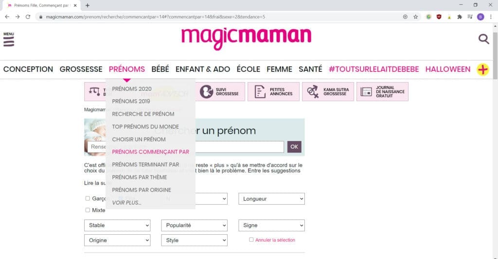 Un petit aperçu du site de prénoms Magic maman