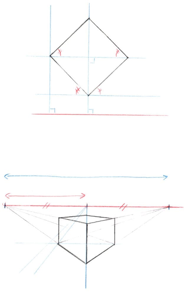 Exemple simple de perspective à deux points de fuite (en haut, le plan au sol, en bas, la version en perspective. La flèche bleue correspond à un angle de 90°, et la rouge à un angle de 45°. 