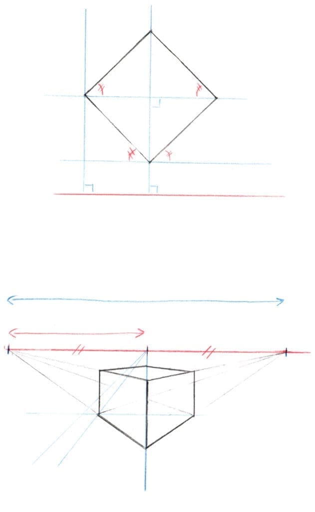 Exemple simple de perspective à deux points de fuite (en haut, le plan au sol, en bas, la version en perspective. La flèche bleue correspond à un angle de 90°, et la rouge à un angle de 45°.