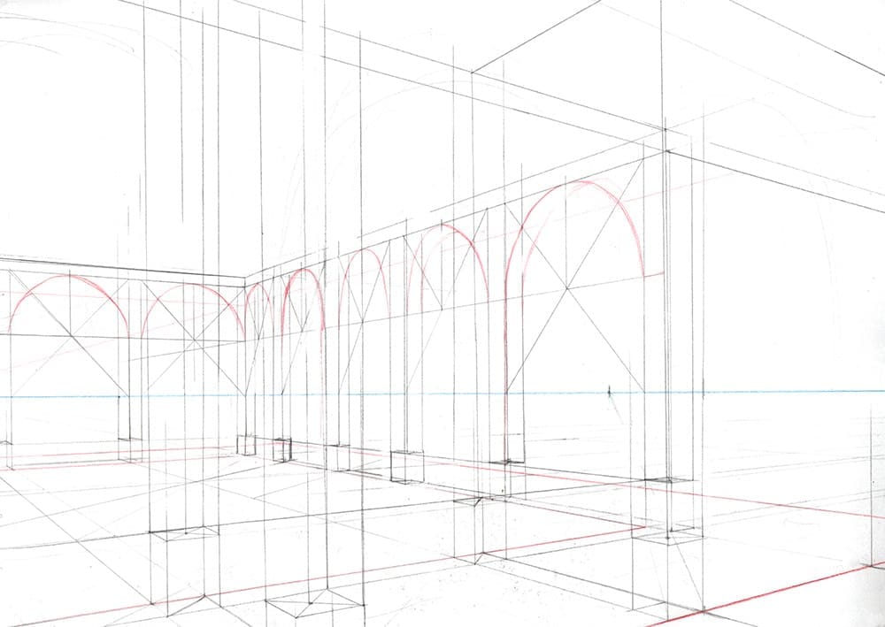 Faire une illustration en perspective à 2 points de fuite, étape par étape : tracer les arches avec des diagonales.