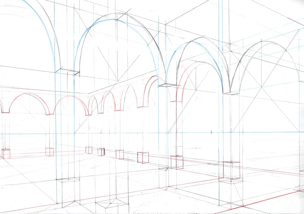 Faire une illustration en perspective à  2 points de fuite, étape par étape : tracer des arches en séparant les plans.