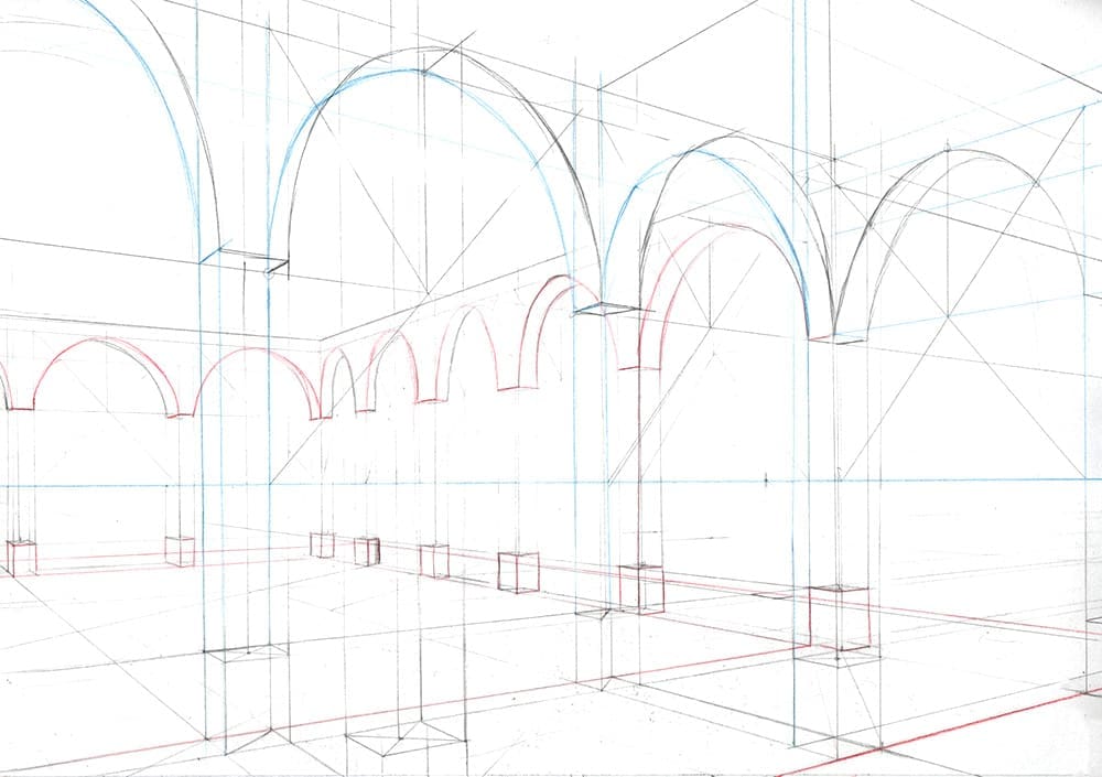 Faire une illustration en perspective à 2 points de fuite, étape par étape : tracer des arches en séparant les plans.