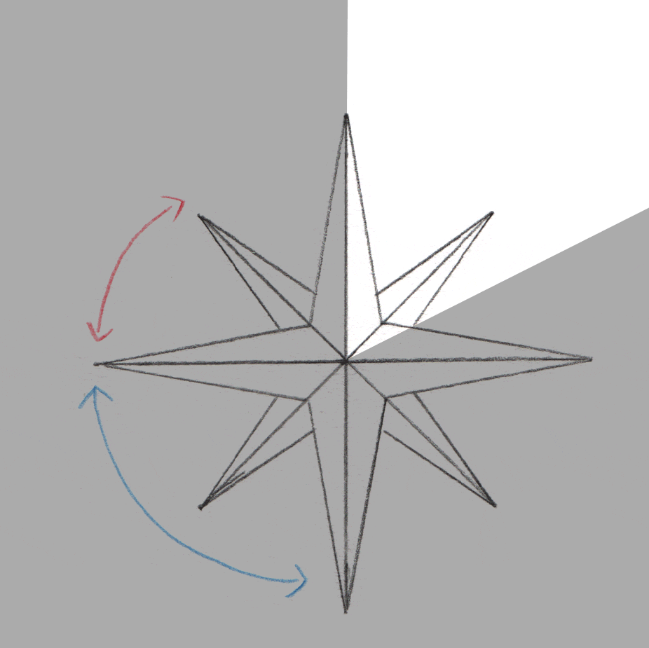 Sur les 360° qui nous entourent, nous ne pouvons en voir que 60° à la fois. L'angle marqué en rouge représente un angle de 45° (la diagonale d'un carré) et celui marqué en bleu correspond à 90°, soit l'angle droit d'une perspective à deux points de fuite