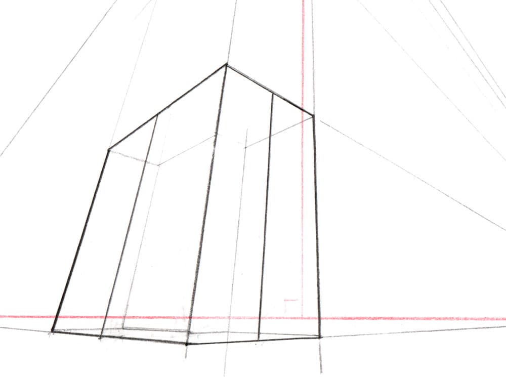 Exemple de construction simple d'une perspective à 3 points de fuite.