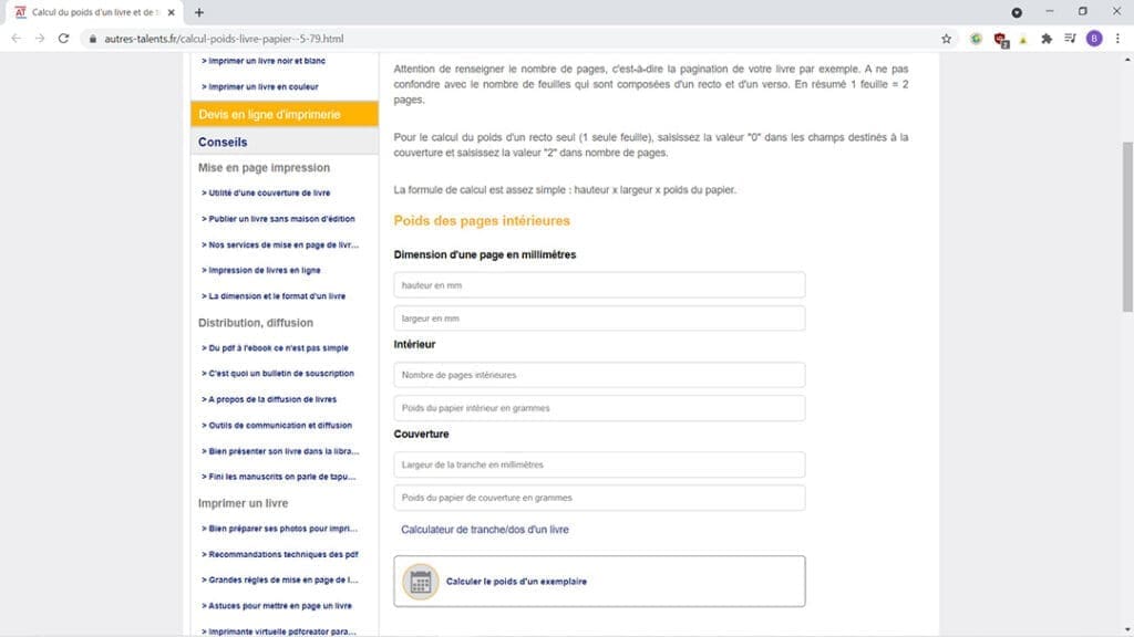 Autres-talents, un site qui propose des ressources utiles, comme le calculateur de poids de livre.