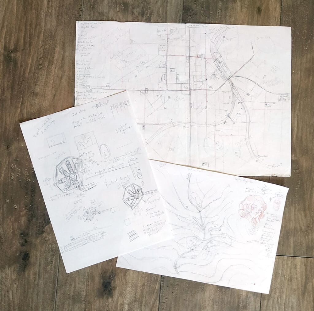 Exemples de cartes et de plans contenus dans la bible de projet de Bras de fer, gant de velours.