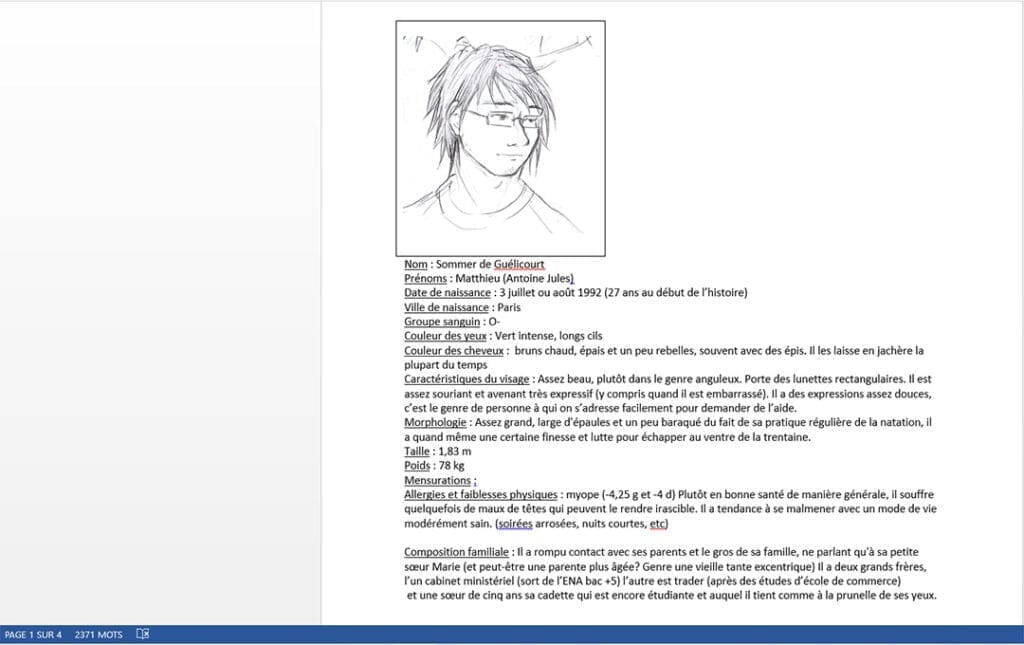 Exemple de fiche de personnage assez complète, qui peut être incluse dans sa bible de projet.