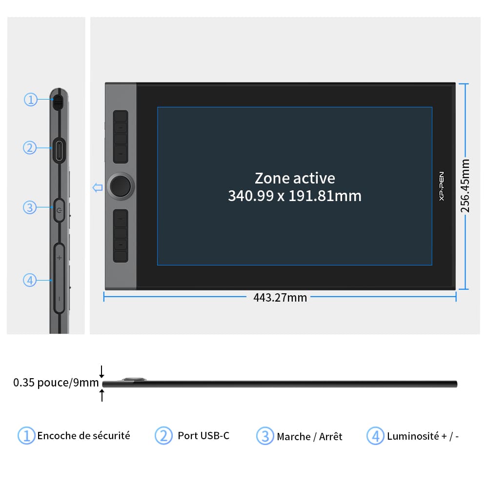 Caractéristiques techniques de la tablette graphique à écran Artist Pro 16 de XP-Pen