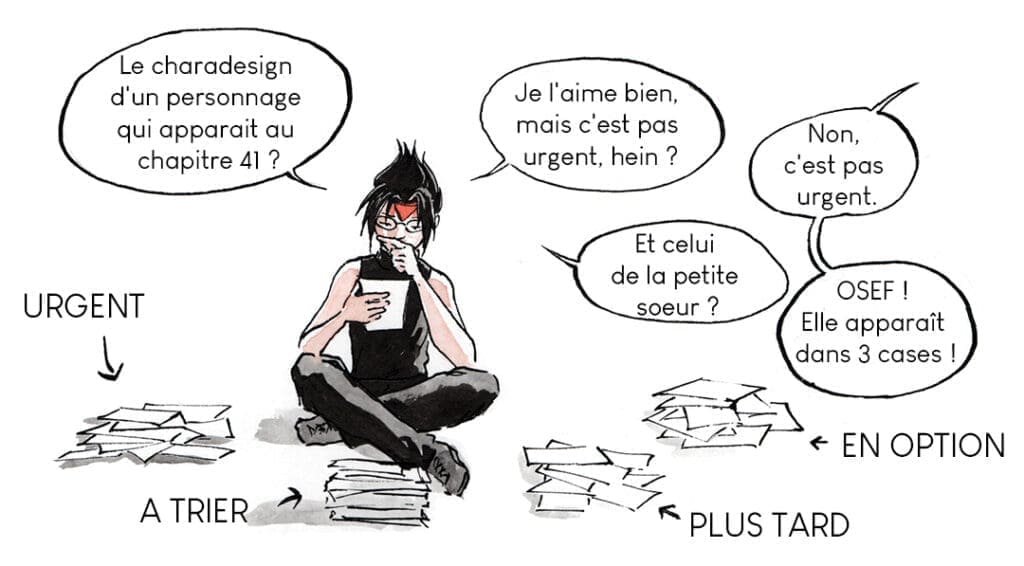 Prioriser et organiser ses informations est l'objectif principal d'une bible de projet !
(l'image représente Drafty en train de discuter avec un personnage hors champ qui lui conseille d'abandonner le design de personnages secondaires)