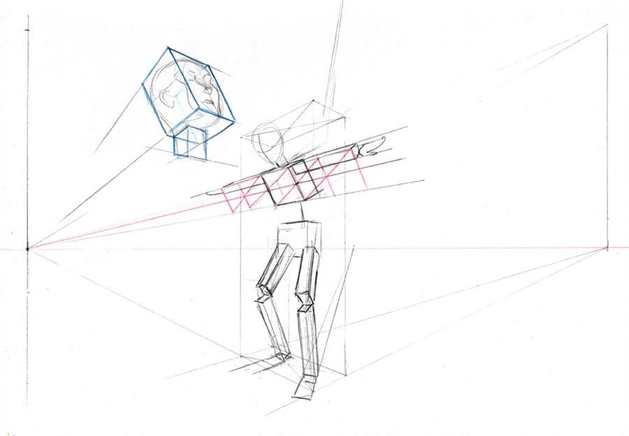 comment dessiner des personnages en perspective : décomposer les parties du corps en boites rectangulaires pour mieux les situer dans l'espace