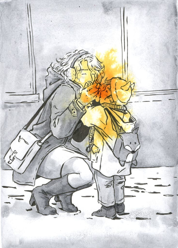 Un dessin en noir et blanc représentant une mère accroupie dans la rue, qui souffle sur les mains de son fils pour la réchauffer.  Une tache jaune représente la chaleur de son souffle et de son amour. 