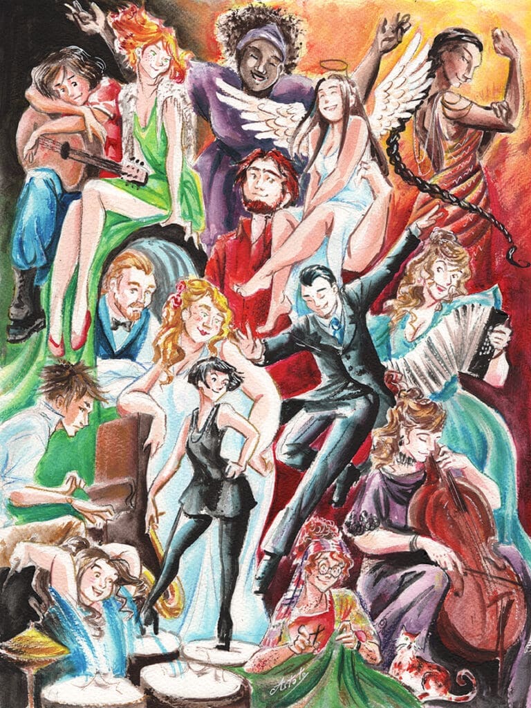 Affiche dessinée représentant les membres d'un cabaret, avec des musiciens aux caractères variés et des personnes costumées.