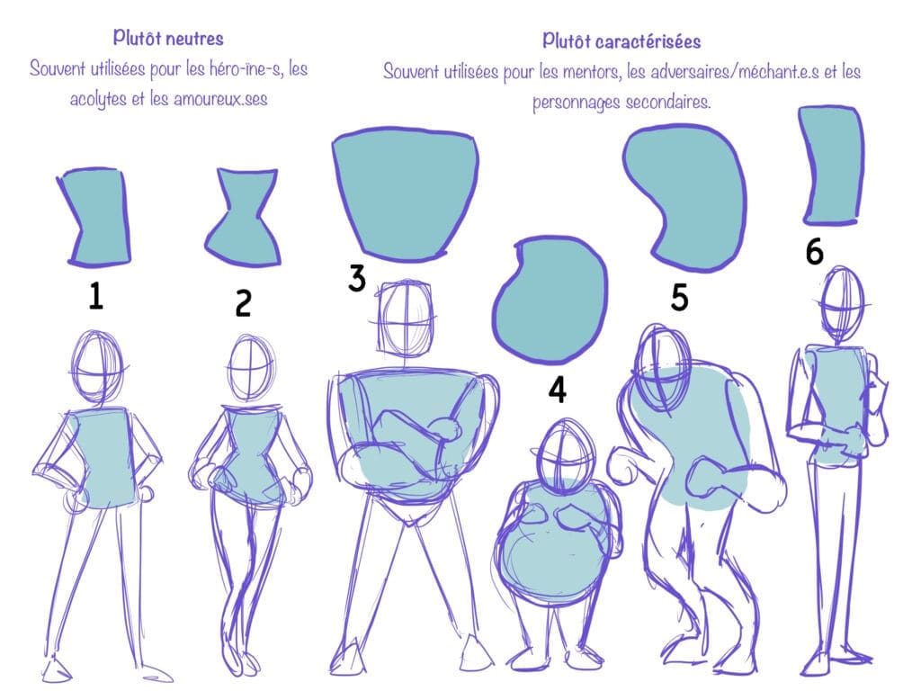 Différentes exagérations de formes du corps, plus ou moins accentuées, en fonction du type de personnage souhaité (liste non exhaustive)
