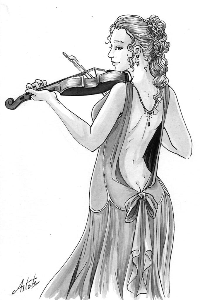 Dessin d'une violonniste portant une robe à dos nu. Moulante sur les hanches et l'avant, ample dans le dos et la jupe, cette robe au tissu léger exploite les deux possibilités.